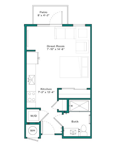 Floor plan for studio, 1 bath, 424 sqft
